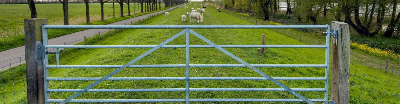 Steel gate between two wooden posts